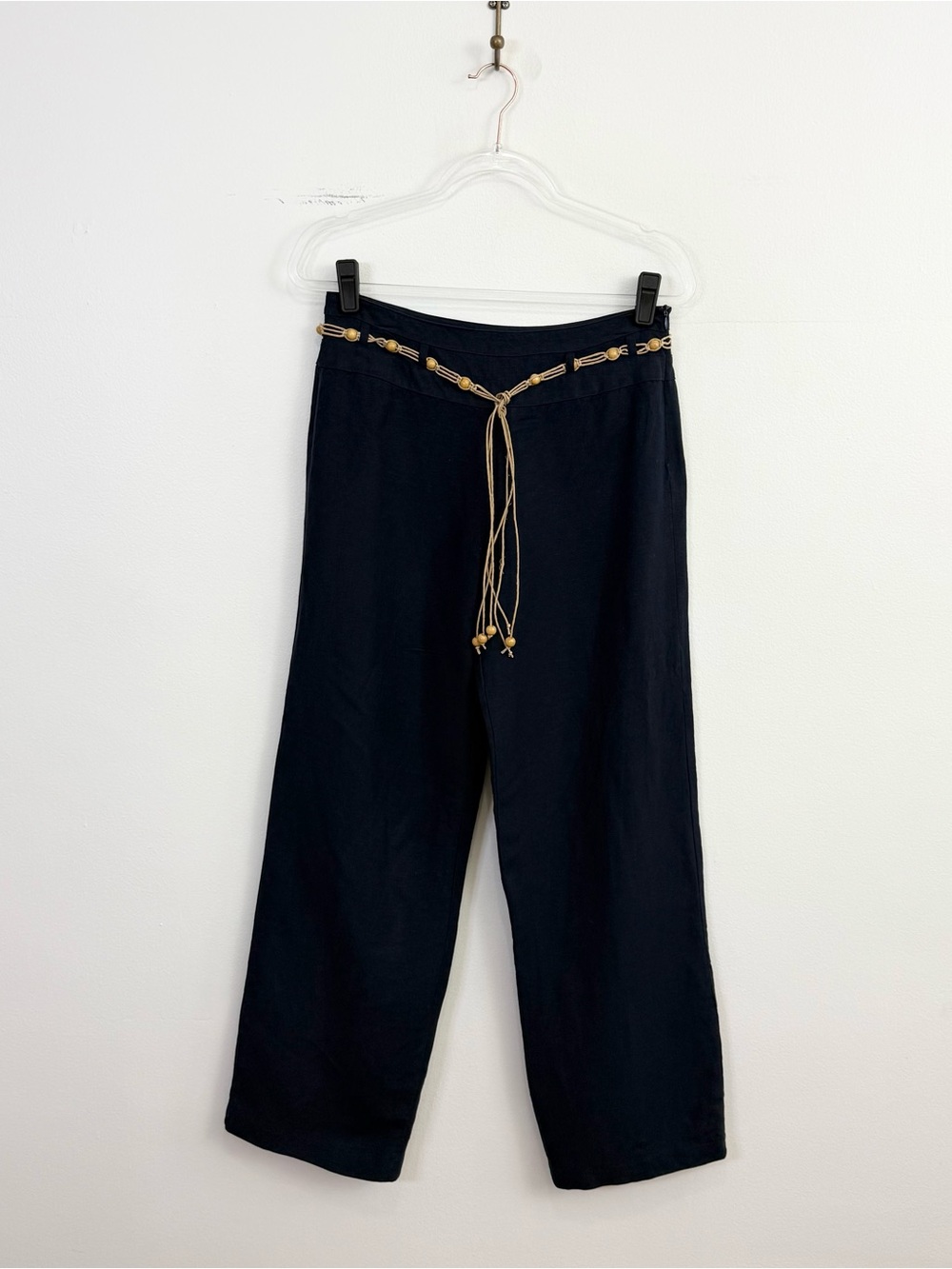 Vintage Y2K Pantology Navy Linen Blend Wide Leg Pants Beaded Tie Belt Size 10